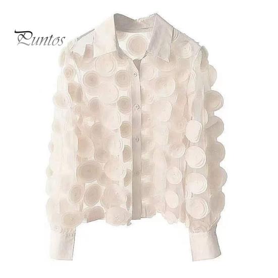 Women Summer Chiffon Shirt Lapel Lantern Long Sleeve Shirt Tops 3D Floral Print Semi-Sheer Mesh Splicing Single Breasted Blouse