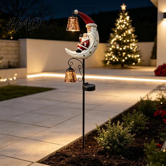 Solar Pathway Lighting for Lawn Christmas Santa Claus Moon Garden Stake Light, Waterproof Crescent Decorative Lighted Stakes LED Light Outdoor