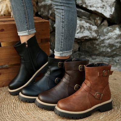 Women's Wide Width Round Toe Ankle Boots, British Style Platform Martin Boots, Side Zipper Thin Riding Boots for Women