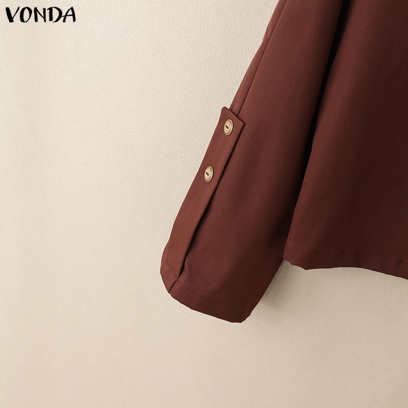 VONDA Autumn Spring Women Stand Collar Button Long Sleeve Casual Loose Short Jacket Gargo Thin Coats