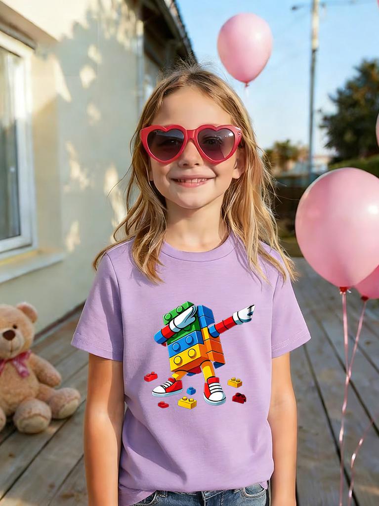 Summer Childrens Dab Dance Colorful Building Block Robot Printed ShortSleeved TShirt Boys and Girls Comfortable Casual Top