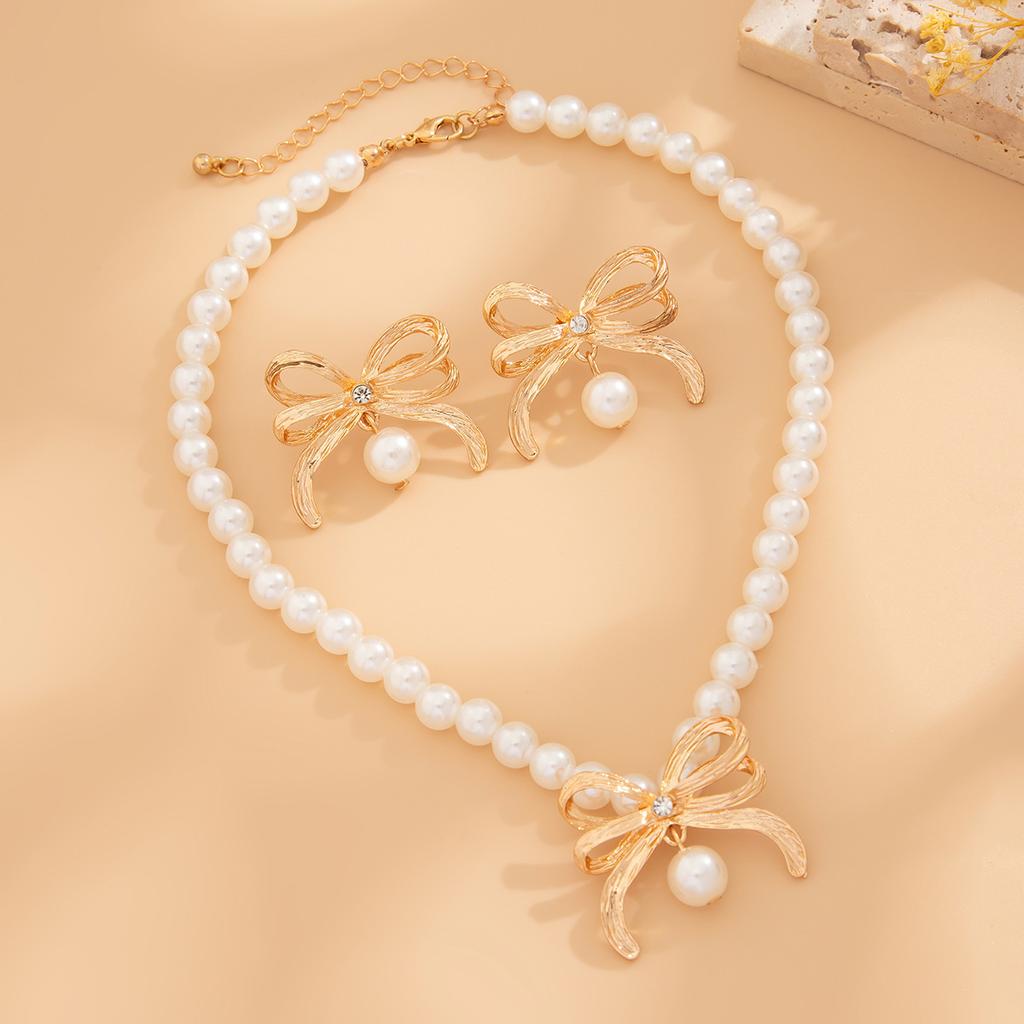 Simulation Pearl Bow Choker for Women Bowknot Necklace Earrings Wedding Jewelry Accessories