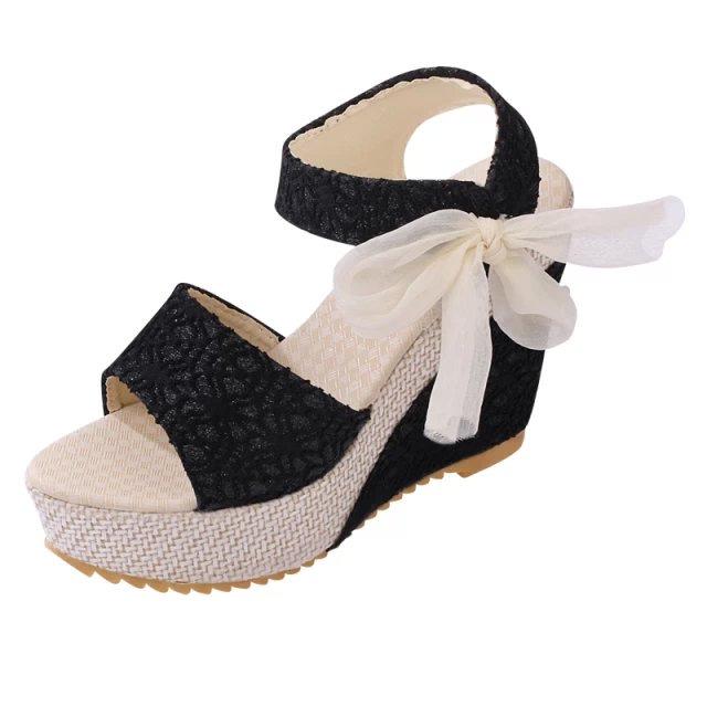 Slope Heel Lace Bow Sandals Cute Sandals Women's Singles Shoes Women's Shoes Spring and Summer New Fish Mouth Beach