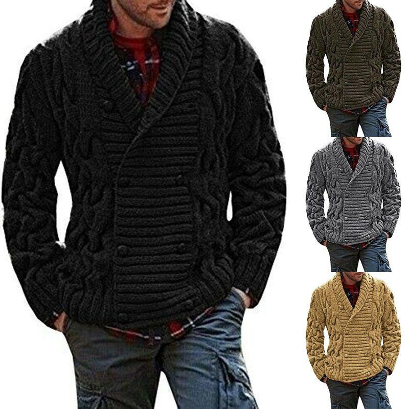 Thick Mens Knitted Shawl Collar Double Breasted Cable Knitwear Cardigan Sweater
