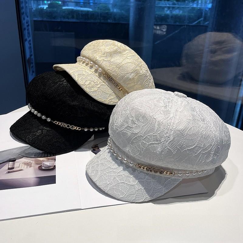 Pearl Chain Lace Octagonal Hat With Wide Brim For Sun Protection And Fashion