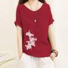 Women's Cotton and Linen Blouse, Large Size Short-sleeved, with Pockets and Jasmine Flower Printed Cotton and Linen T-shirt