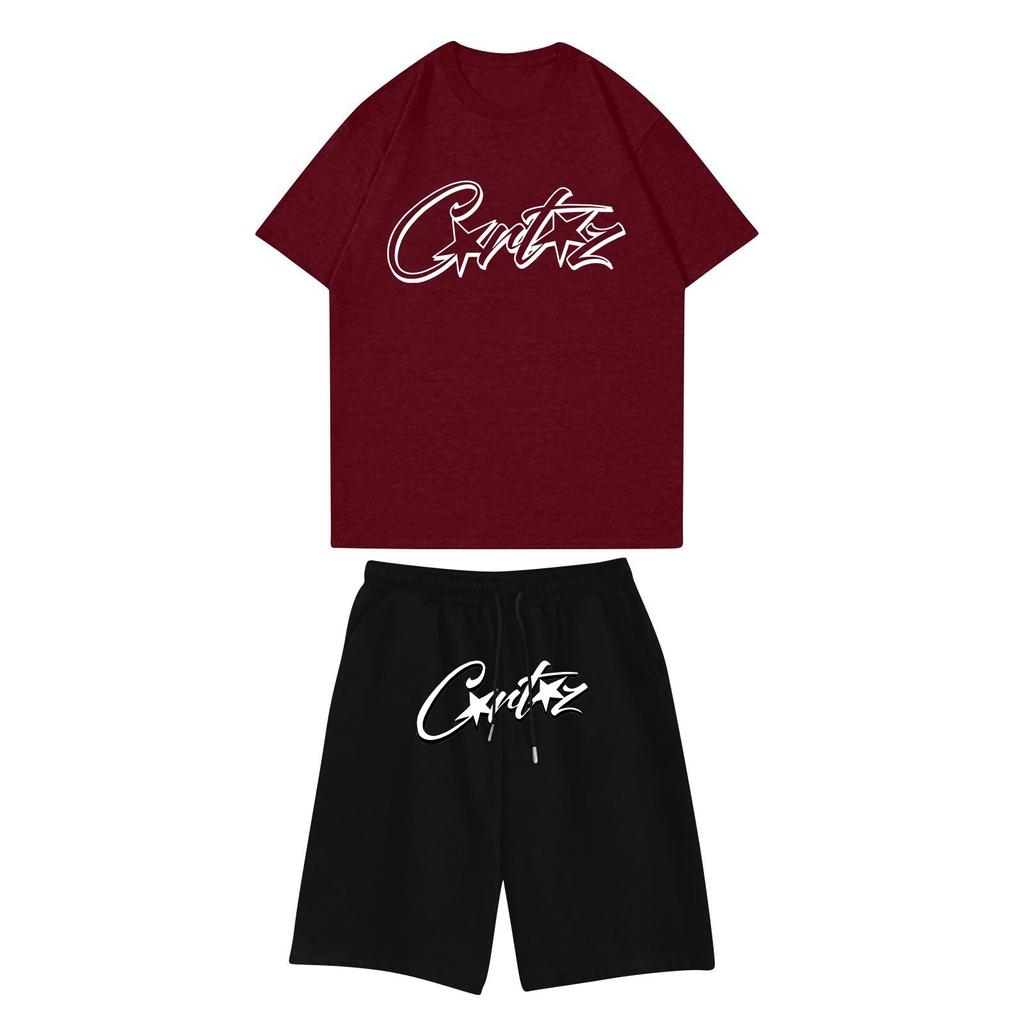 Completo da jogging unisex estivo casual stampato con scollo rotondo e maniche corte, t-shirt + pantaloncini. Tuta sportiva.