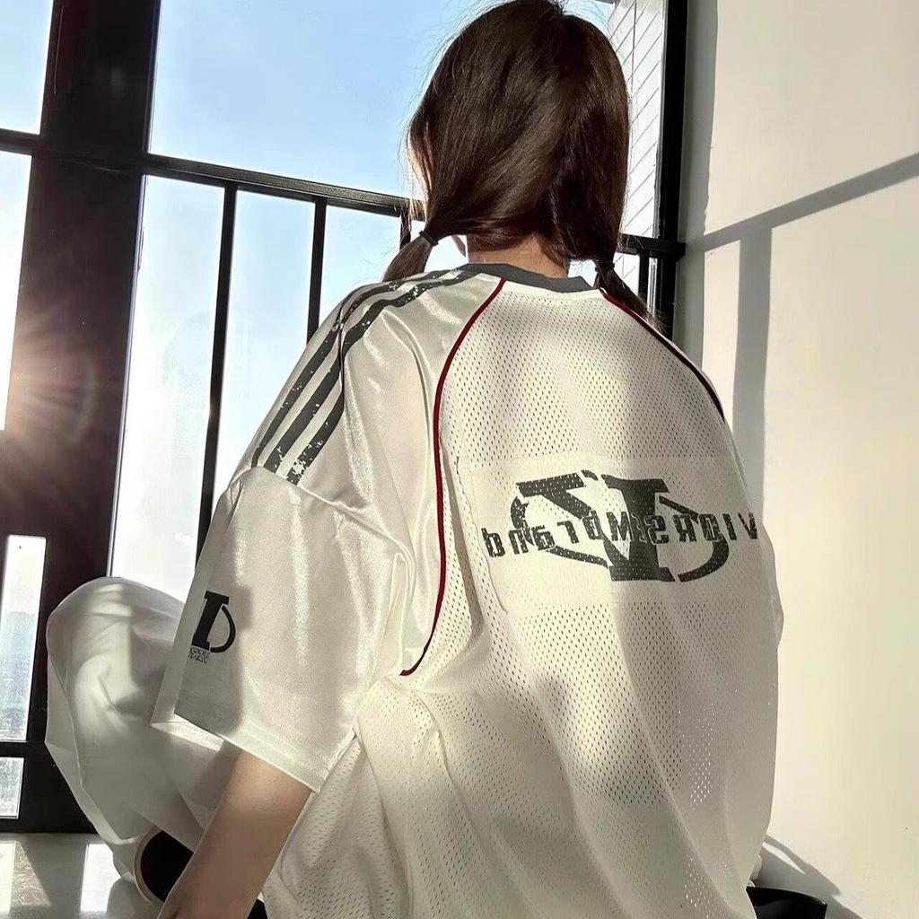 Unisex White Mesh Short Sleeve T-Shirt with American Retro Graffiti Print