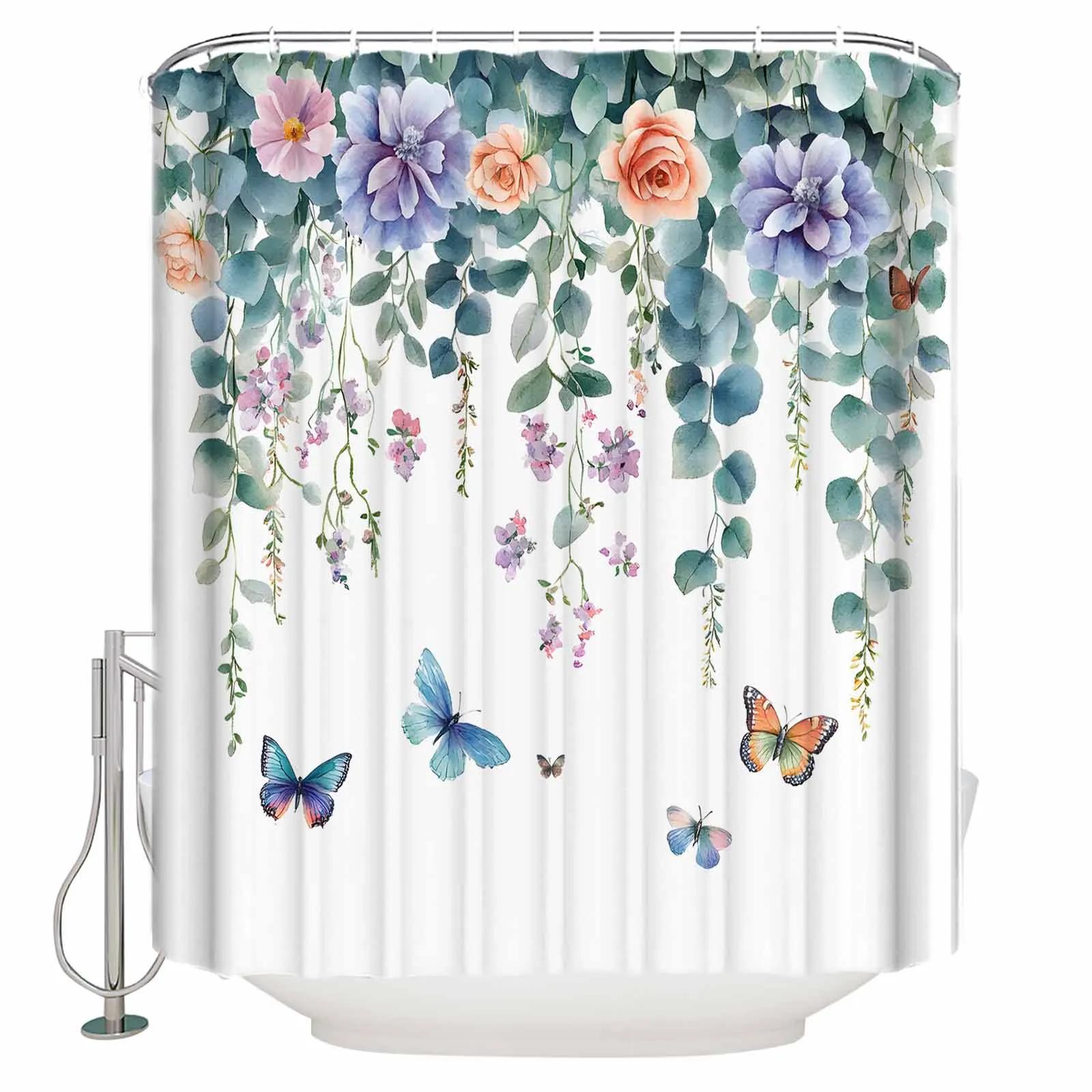 

Eucalyptus Leaf Colorful Butterfly Flowers Shower Curtains Waterproof Bath Curtains Home Decor Modern Luxury Bathroom Curtain W60H190(CM)-1 Pcs