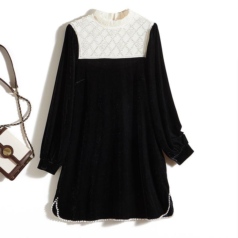 

Style Heavy Luxury Pearl Black Dress! Mesh Contrast Colors False-Two-Piece Long Sleeves Women s Spring Fall and Winter Bandage Dress Base Skirt Black Heavy Luxury Tweed Style Bead Dress