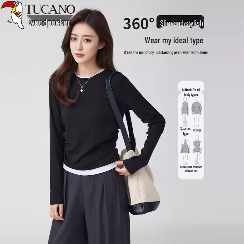 Woodpecker Women s Pleated Faux Two-Piece Long Sleeve T-shirt M