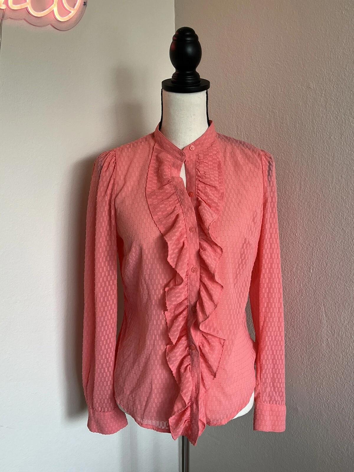 Worthington Medium Coral Pink Button Front Hobnail Ruffle Small Blouse 2XL