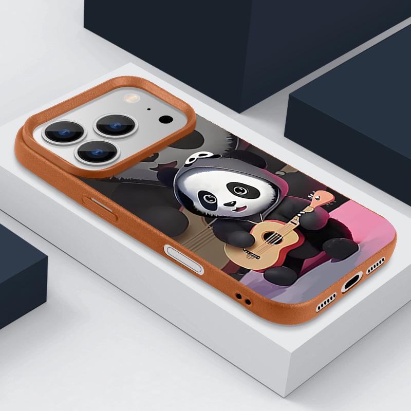 Guitar-playing Panda Pattern Case For iPhone 17 Pro Max Funda iPhone 16 Pro Max 15 14 13 12 11 Air 16E Leather Texture Silicone Cover