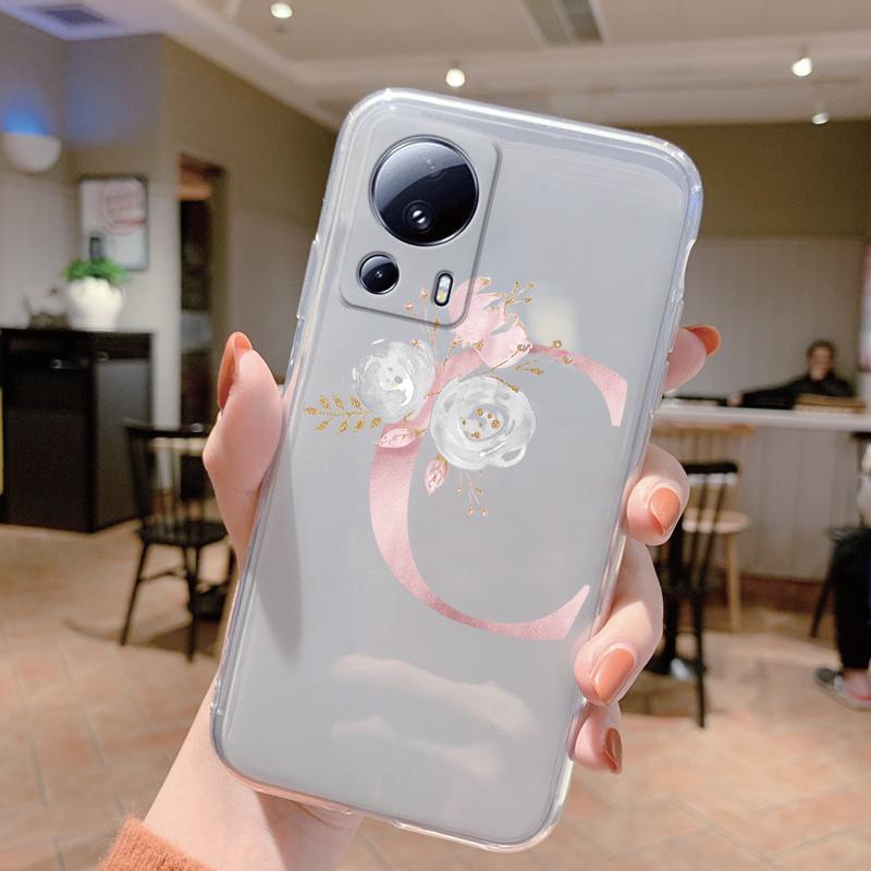 Pink Flowers Initial Cover For Xiaomi 13 Lite Case Letter A To Z Transparent Soft TPU Protective Funda For Xiaomi 13 Lite Coque