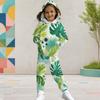 Girls Tropical Leaf Printed Hooded Long Sleeve Kangaroo Pocket Top Cuffed Pants Two Piece Set