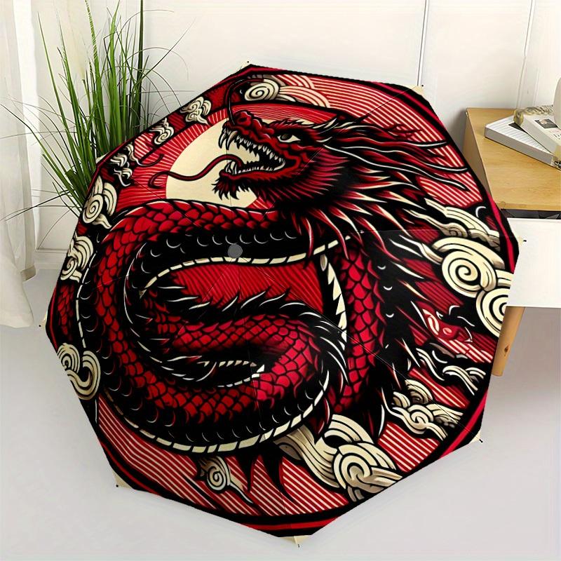 1pc Red Dragon Pattern Automatic Folding Umbrella, Portable & Foldable Design with 8 Ribs, Casual Outdoor Accessory Halloween and Christmas