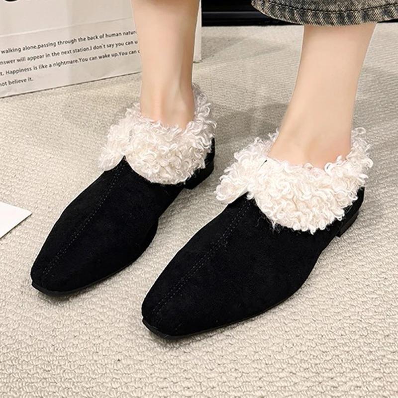 

Меховые женские тапочки из хлопка с квадратным носком, замшевые туфли на низком каблуке, туфли-мюли, осенние туфли с открытой пяткой, женская мода 2025 года, трендовая мода Mujer Zapatos 40 чёрный