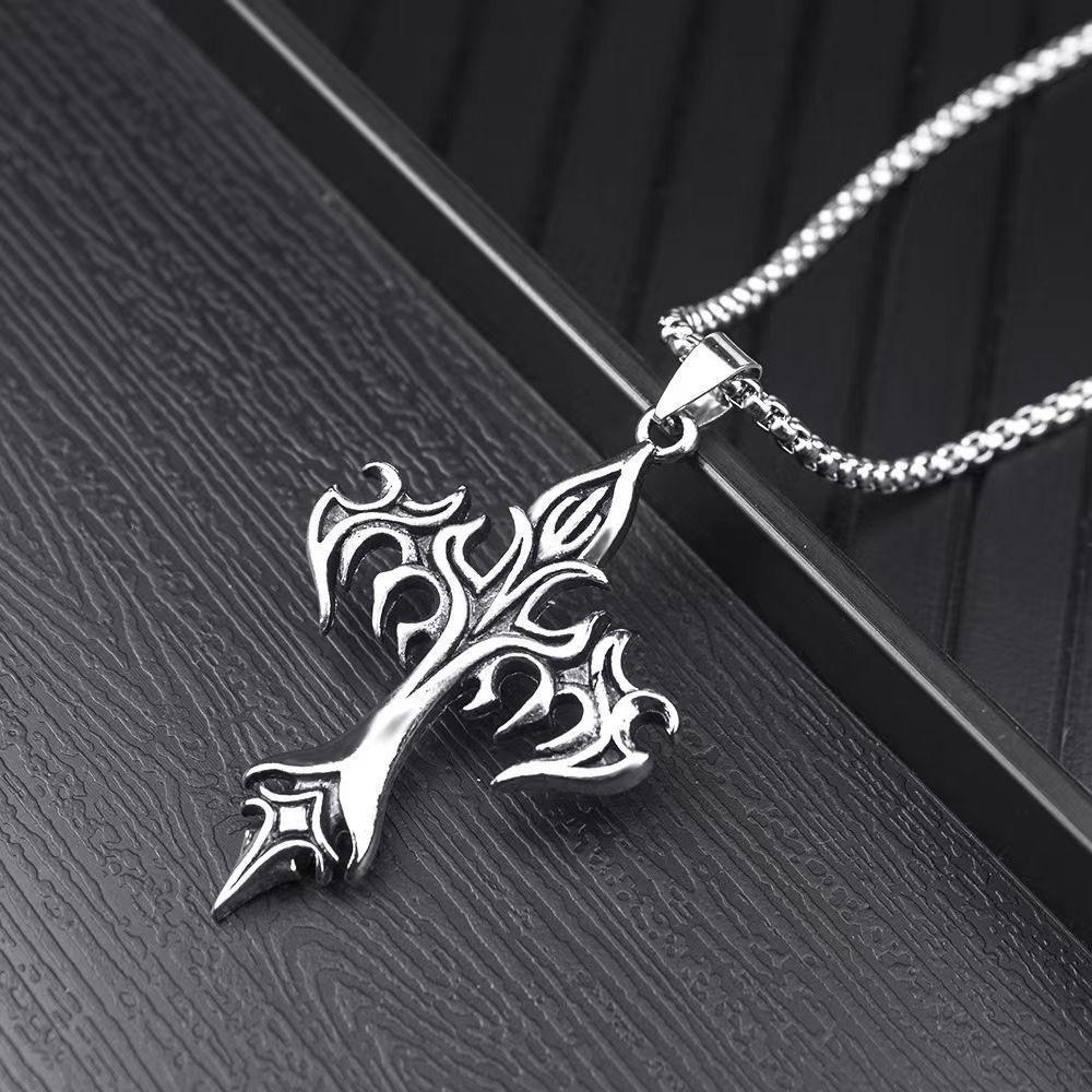 1 Piece Fashion Retro Flame Cross Pendant Necklace, Unisex Long Chain Punk Gothic Trendy Accessories