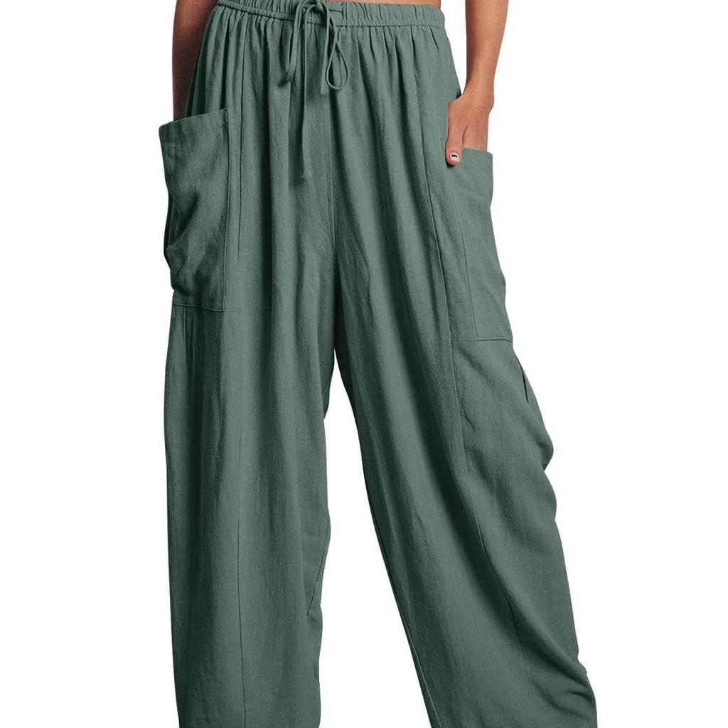 2026 Casual Lightweight Wide Leg Linen Pants Beach Palazzo Harem Trousers Women‘s Linen Wide Leg Pants Casual Loose Beach Palazzo Harem Pants