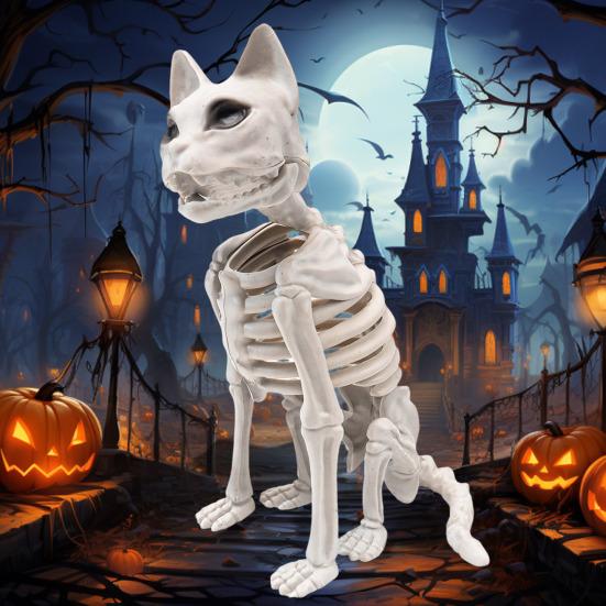 Skjelettkatt Halloween-dekorasjon Skummel sittende skjelettkattfigur Plastdyrebein med bevegelige ledd for kirkegårdsscene Spøkelseshus