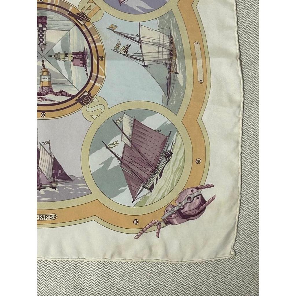 Used Hermes BELLES AMURES ship pattern scarf 100% silk
