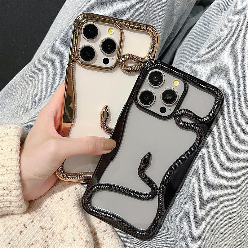 Year of The Snake for Apple 16PROMAX Phone Case Hollowed Out Snake for IPhone 15 Electroplated Protective Case