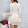 Mesh Long-sleeved Dress, European and American Sexy V-neck Strap Pleated Neck Horn Sleeve Dress