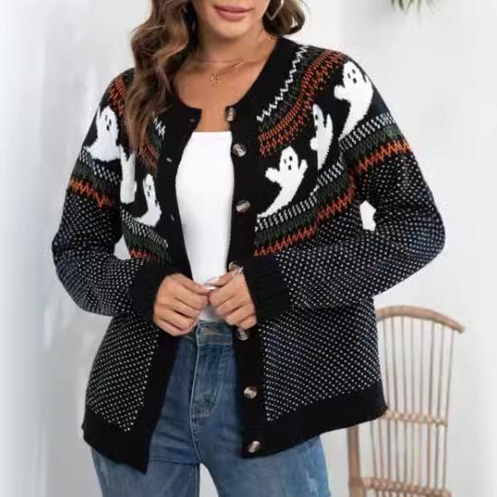 2024 Retro Polka Dot Long Sleeve Knit Cardigan – Women's Halloween Ghost Sweater, Loose Fit, European American Style