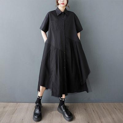 Short Sleeve Plus Size Black Cotton Mesh Vintage New In Dresses for Women Casual Loose Long Summer Shirt Dress