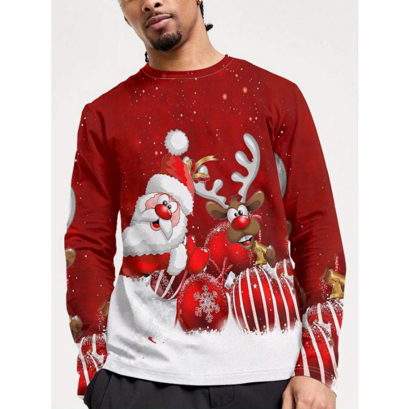 Christmas Theme Santa Claus 3D Prints Casual Men's Long Sleeved T Shirt Tee Sports Pullover Crew Neck Tops Spring&Fall Clothing