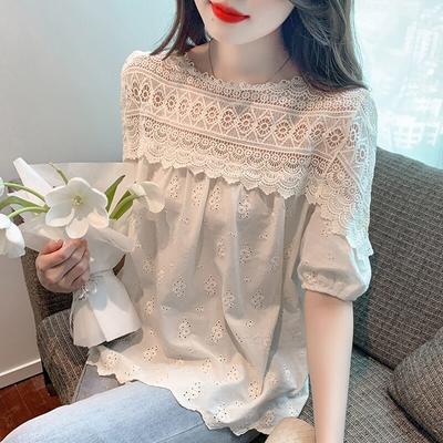 Haft w stylu vintage drążą koronkowa koszula damska lato 2023 luźne bluzki z krótkim rękawem moda damska eleganckie topy Blusas 27363