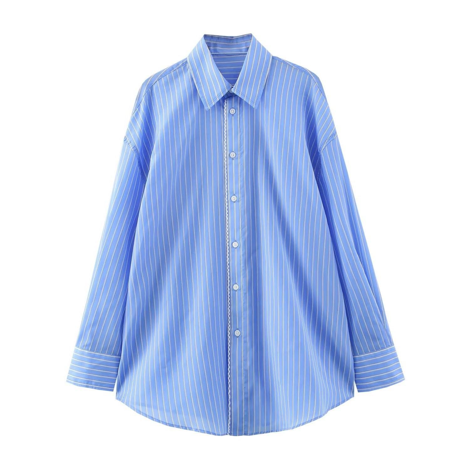 

TAOP&ZA Women s Spring Striped Poplin Loose Fit Long Sleeve Shirt Small синий