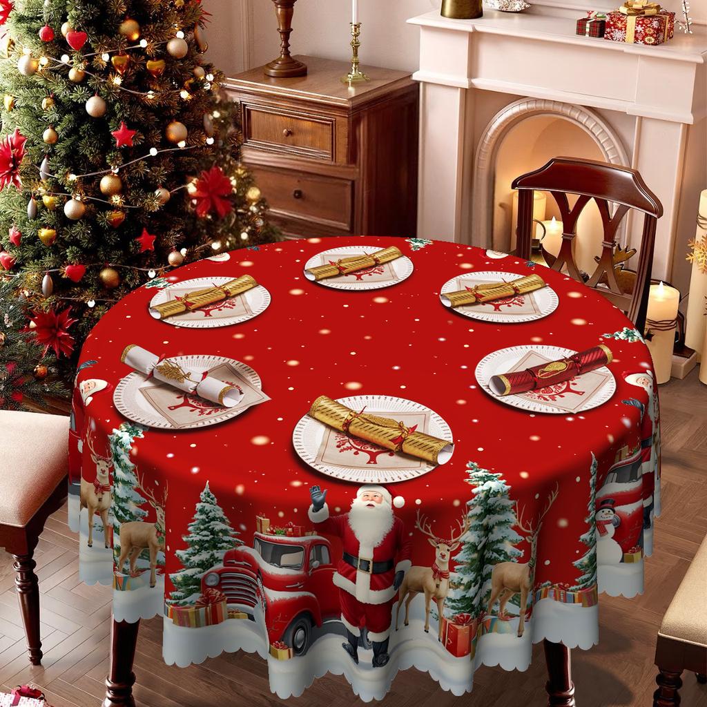 Christmas Tablecloth, Snow Santa Reindeer Sleigh Gift, Red Holiday Tablecloth, Restaurant Tablecloth