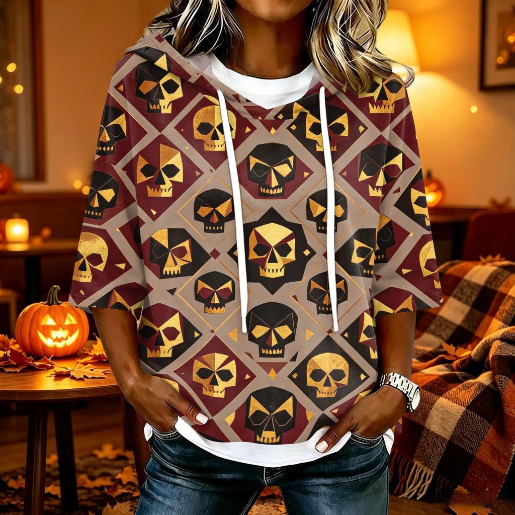 Women's Halloween Printed Hooded 3/4 Sleeve Casual Loose Fit Pullover