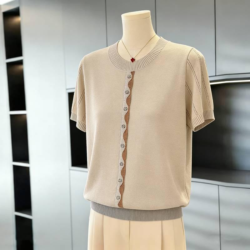 

2023 Trendy Ice Silk Short-Sleeve Knit Top for Middle-Aged and Senior Women 5XL (145-160 lbs) бежевий