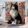 Elegante Schwarz-Weiß-Katze mit Blumen Duschvorhang Wasserdicht Leicht zu Reinigen Sichtschutz Druck Haustierkunst Design Vintage