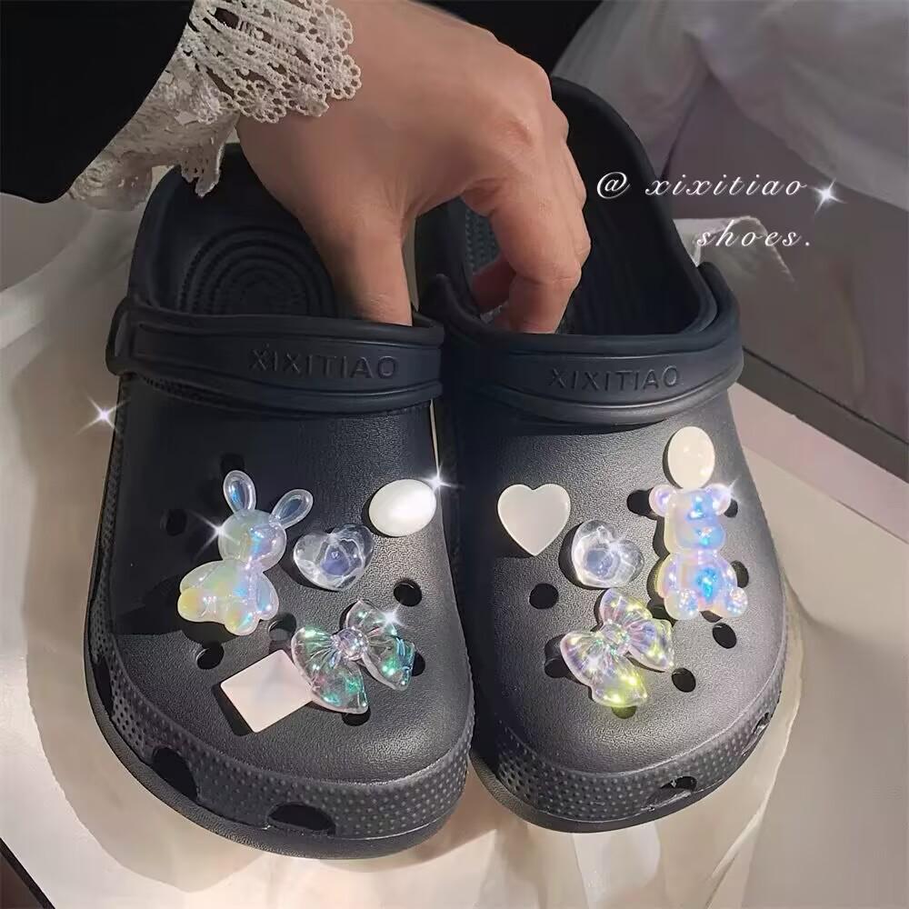 Iridescent Crystal Bear-Rabbit Clog Buckle: Cute Detachable Cartoon Shoe Decoration