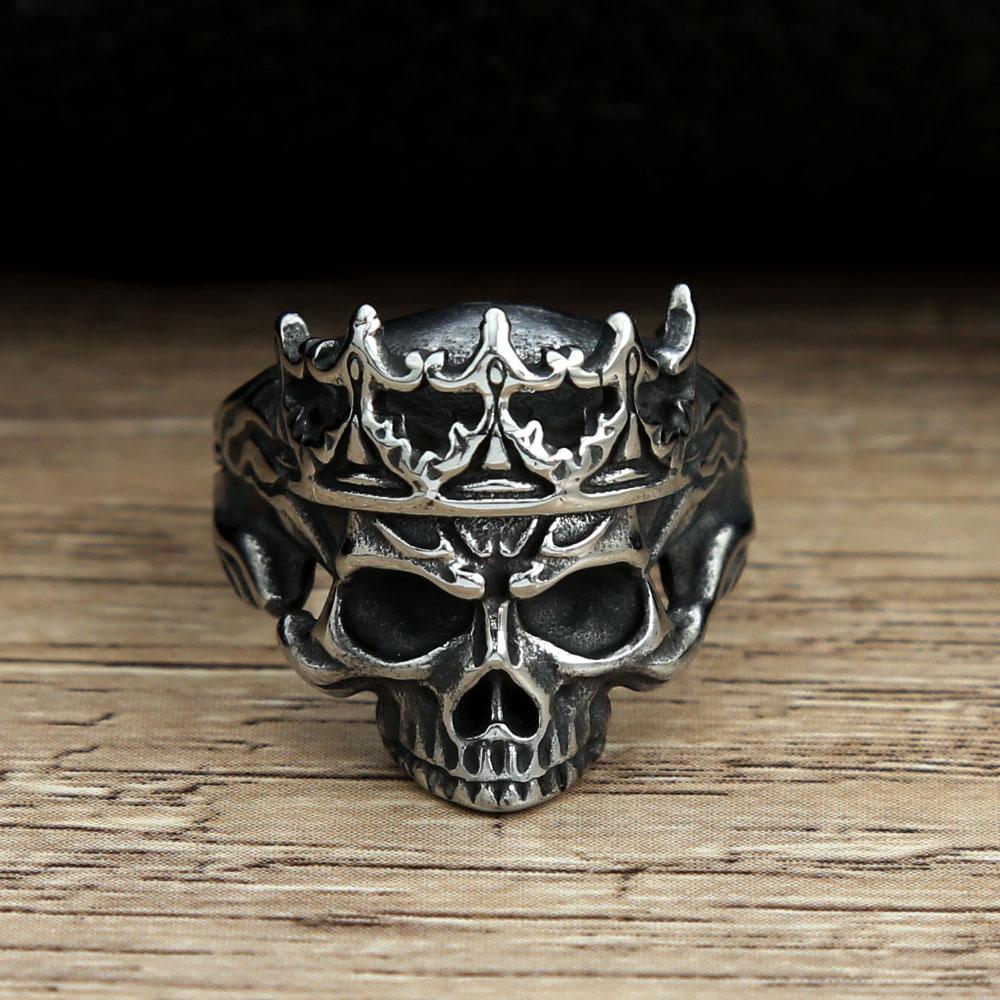 Vintage Gothic Crown Calvarium Skull Punk Rings For Men Women Stainless Steel Halloween Fashion Jewelry Gift Boyfriend Size 7-13