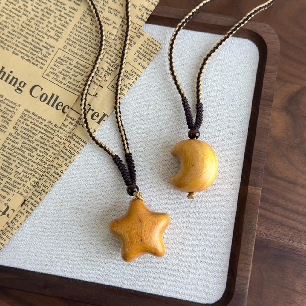 Pendant Wooden Star Moon Necklace Bohemian Style Couple Friends Choker Wood Clavicle Chain  Girls
