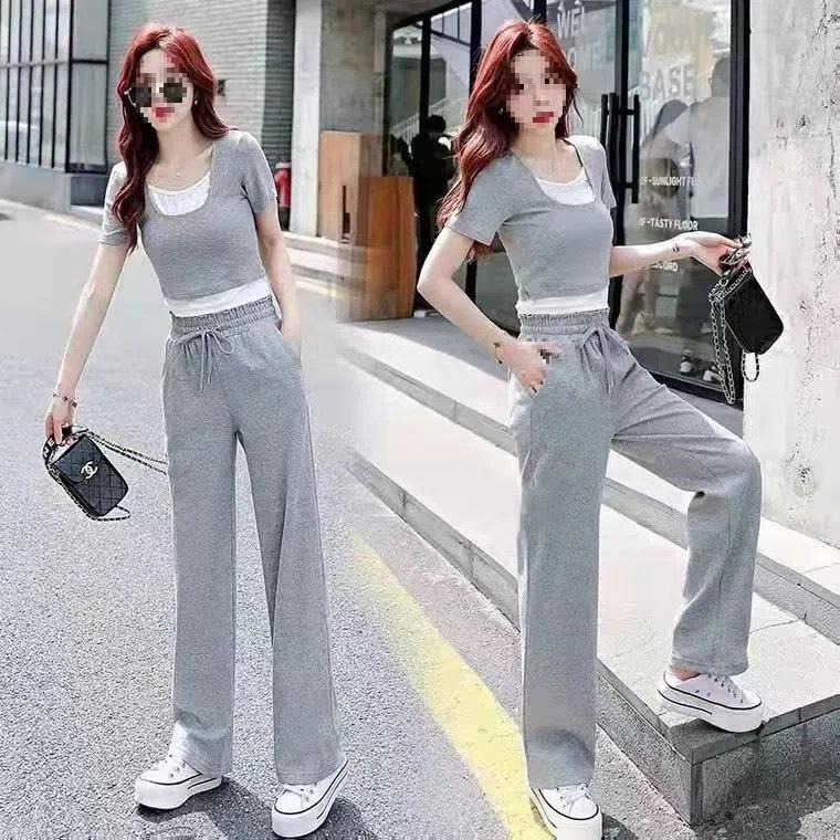 Short Fake Two-piece Top for Summer, Lazy Salt Style Outfit, Street Style Straight Casual Pants Suit, Two-piece Set