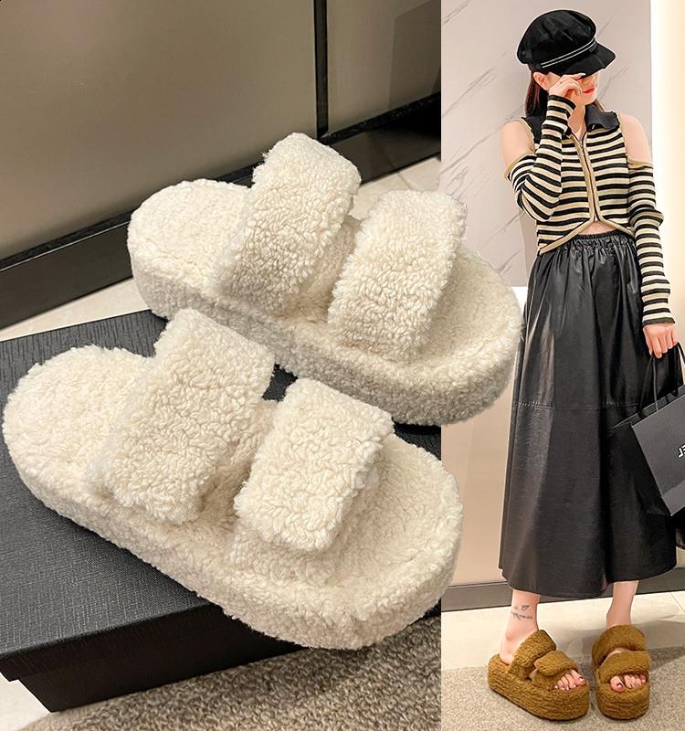Fashion Med Shoes Woman 2024 House Slippers Platform Fur Flip Flops Pantofle Flock Plush New Massage Flat Hook & Loop Slides with Fur Ro