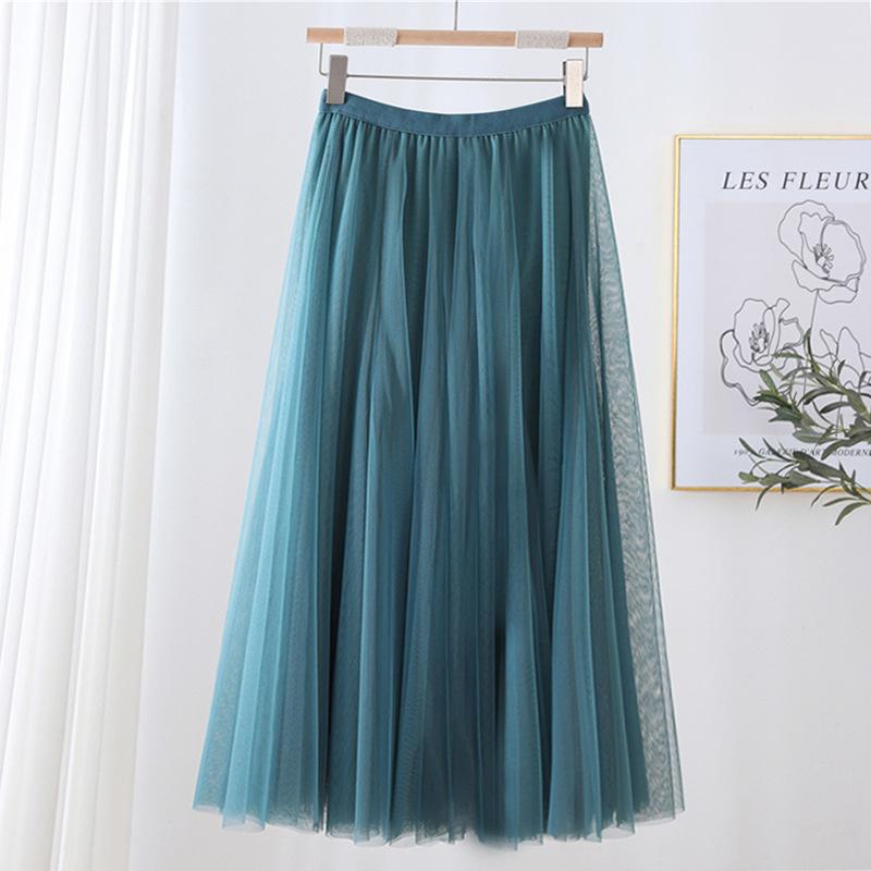 Qooth Women's Slim Skirt Mid Length Gauze Skirt Summer Simple Casual Skirt Fashion Full Dance Skirt QT2588