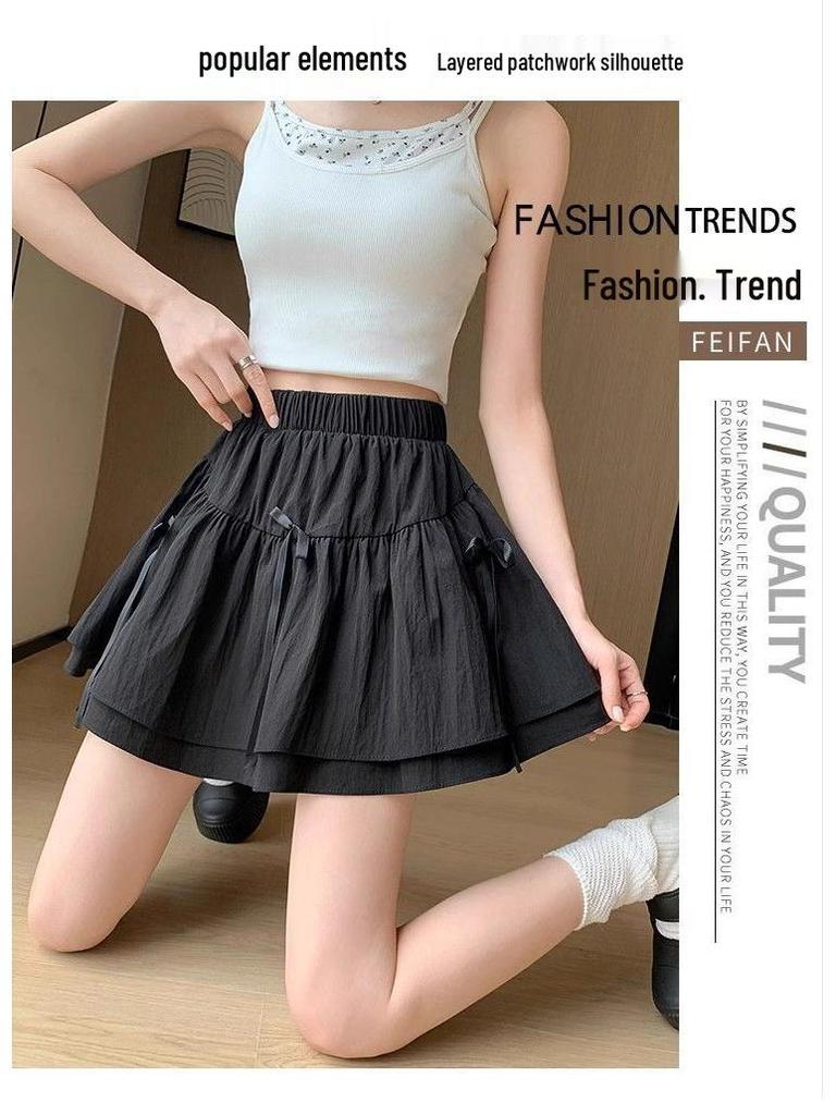 Letní nadýchaná sukně s vysokým pasem a mašlí se všitými bezpečnostními šortkami - Dámský design proti odhalení