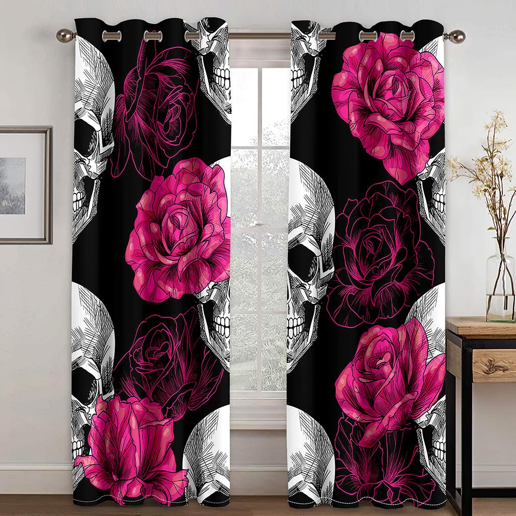 Death Skull and Flowers New series digital Print Drape Livingroom Space Bedchamber 90g polyester curtain fabric two panels