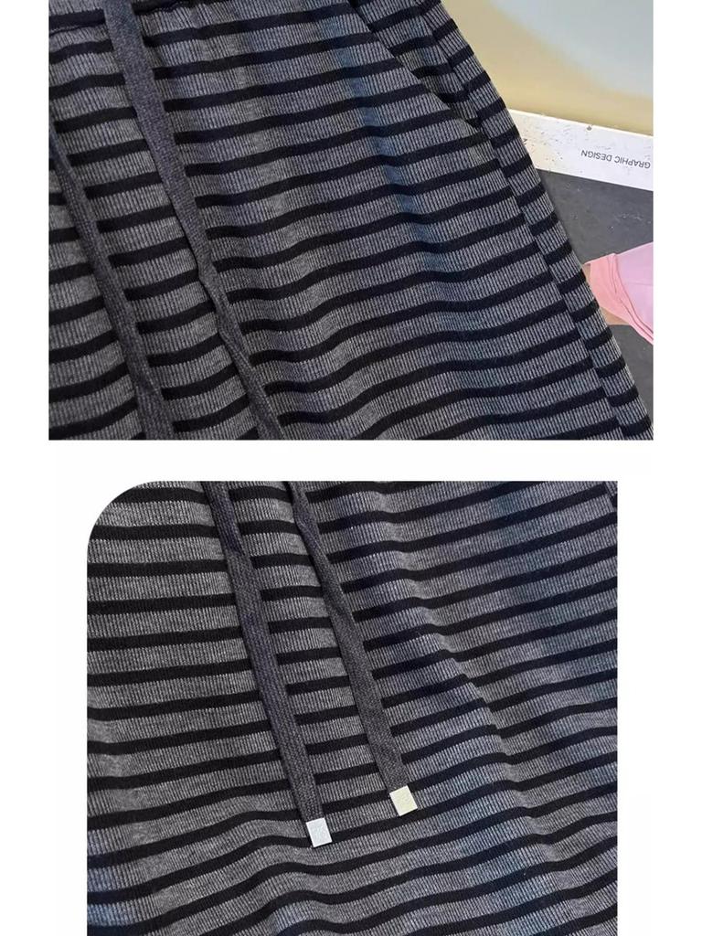Women's Striped Knit A-Line Midi Skirt with Slit - Spring/Autumn 2025 Korean Style