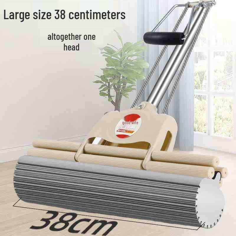 Large Absorbent Sponge Mop with Stainless Steel Handle - No-Hand-Wash Design