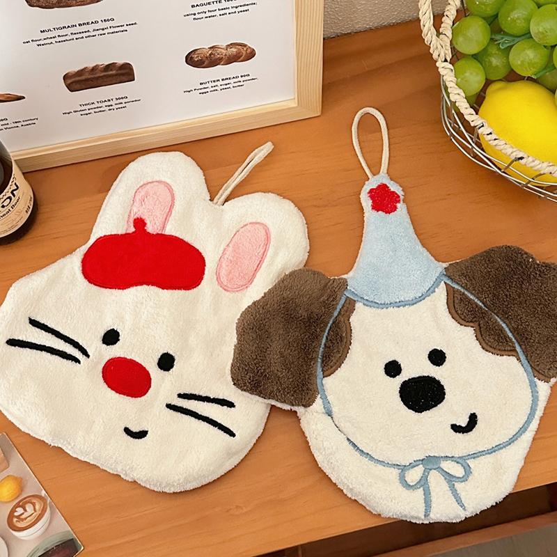 Cute Cartoon Animal Towel Hanging Kitchen Hand Wipe Thickened Handkerchief Rag Absorbent With Hanging Loop Bathroom Supplies