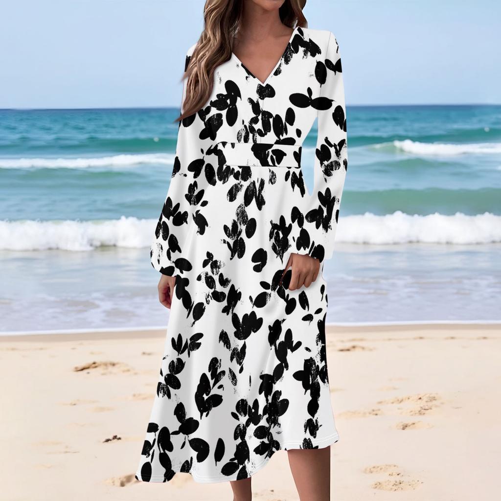 Women's Casual Fashion Floral Print V-neck Long Sleeve Waist Long Dress