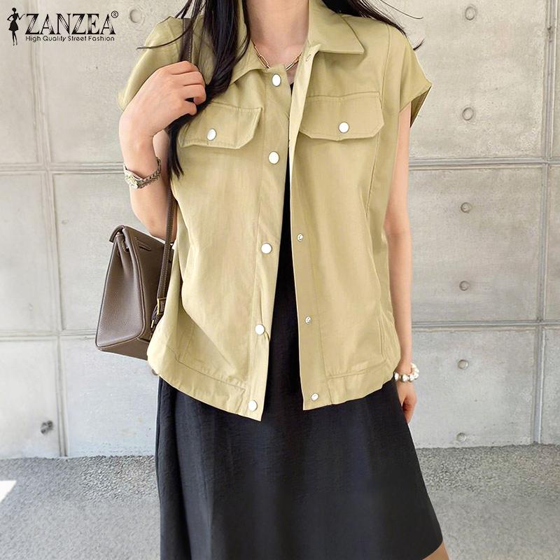 ZANZEA Women Casual Turn Down Collar Loose Summer Short Sleeve Blouse