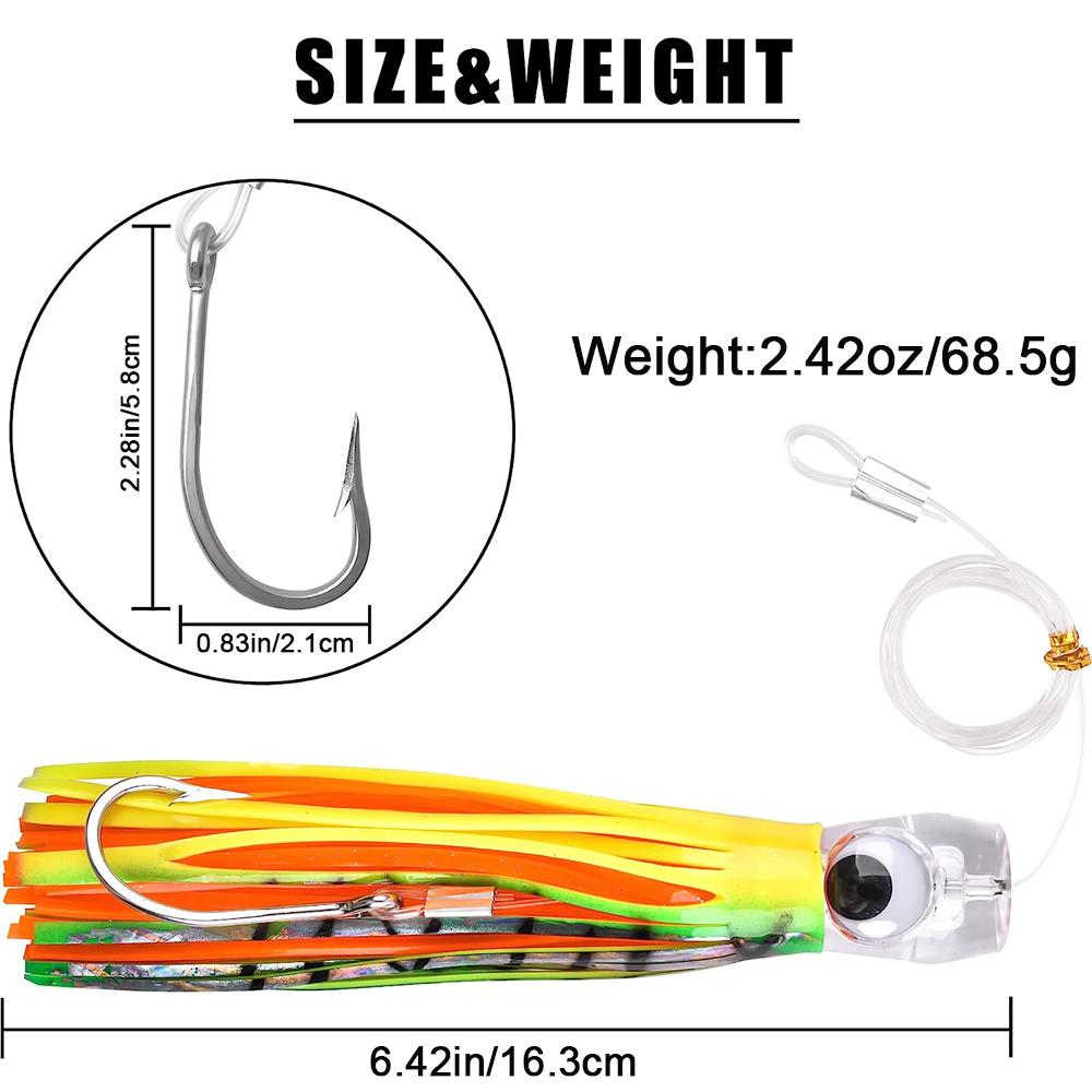 4Pcs 68g/107g Fishing Lures Saltwater Trolling Lures Rigged Squid Skirt with Leader Line Shark Hooks for Marlin Tuna Wahoo